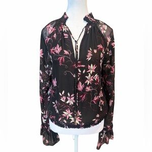 Ramy Brook Keisha Flowy Feminine Black Floral Smocked Silk Blouse Women's Medium